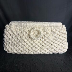 Vtg Macrame Crochet Knit Clutch Purse Ivory Off White 60s 70s 14”x7” Hippie Boho